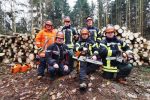 Feuerwehrmitglieder mit Helm und Ohrenschutz im Wald zum Motorsägenkurs